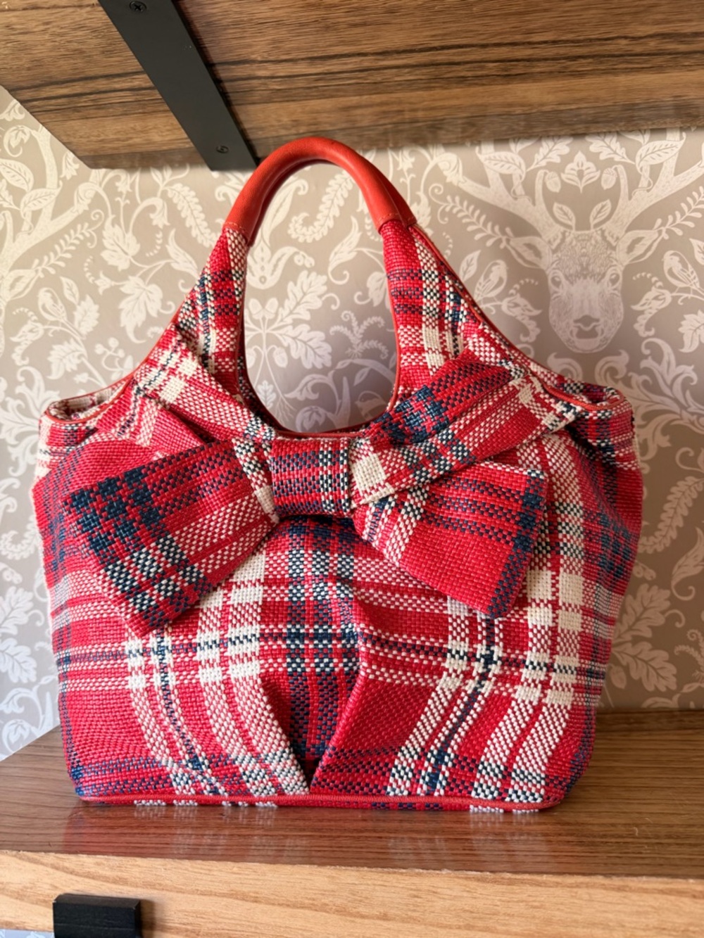 Kate Spade ♠️ Vintage Plaid Red Blue White Bow Tote Bag Noel Print Gold HDW EUC
